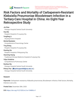 Risk Factors and Mortality of Carbapenem-Resistant Klebsiella Pneumoniae Bloodstream Infection in a Tertiary-Care Hospital in China: an Eight-Year Retrospective Study