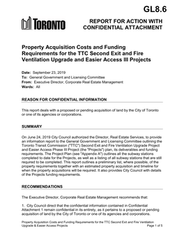 Property Acquisition Costs and Funding Requirements for the TTC Second Exit and Fire Ventilation Upgrade and Easier Access III Projects