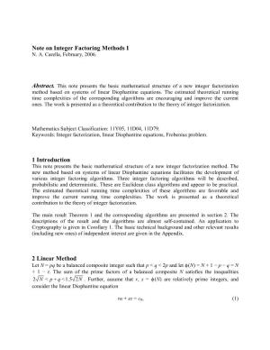Note on Integer Factoring Methods I 1 Introduction 2 Linear Method