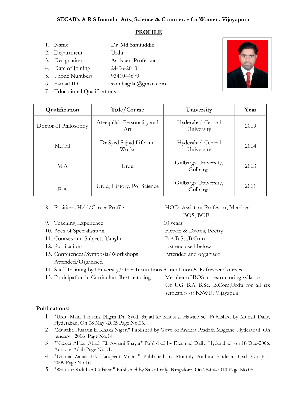 Dr. Md Samiuddin 2. Department : Urdu 3