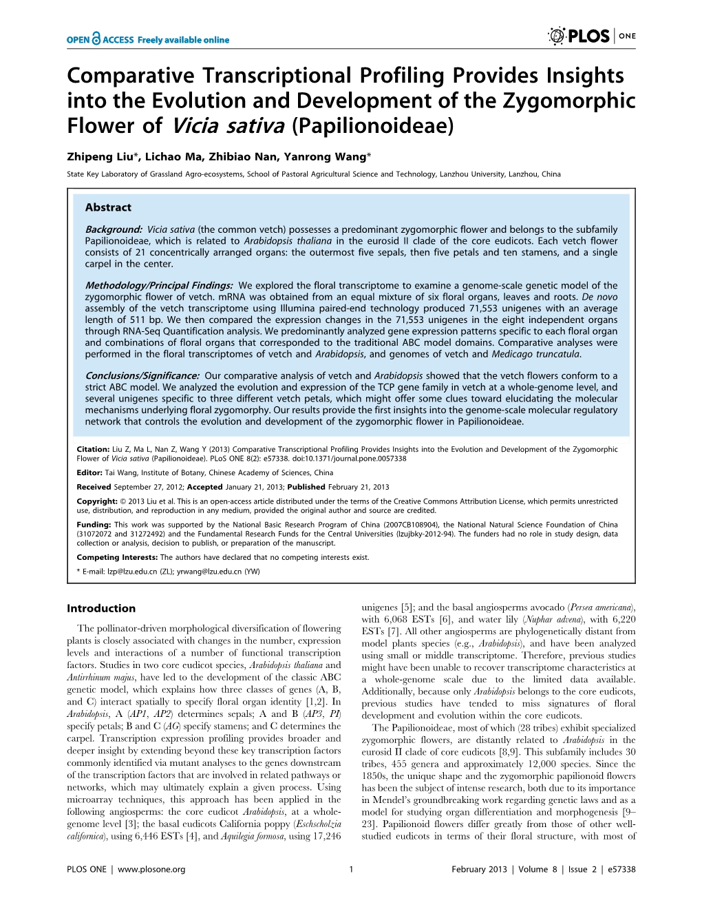 Comparative Transcriptional Profiling Provides Insights Into the Evolution and Development of the Zygomorphic Flower of Vicia Sativa (Papilionoideae)