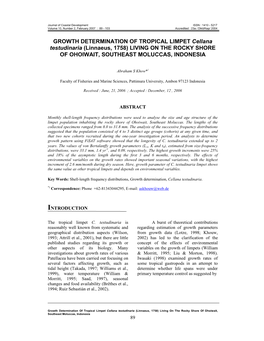 GROWTH DETERMINATION of TROPICAL LIMPET Cellana Testudinaria (Linnaeus, 1758) LIVING on the ROCKY SHORE of OHOIWAIT, SOUTHEAST MOLUCCAS, INDONESIA