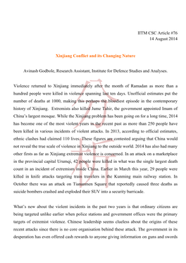 IITM CSC Article #76 14 August 2014 Xinjiang Conflict and Its