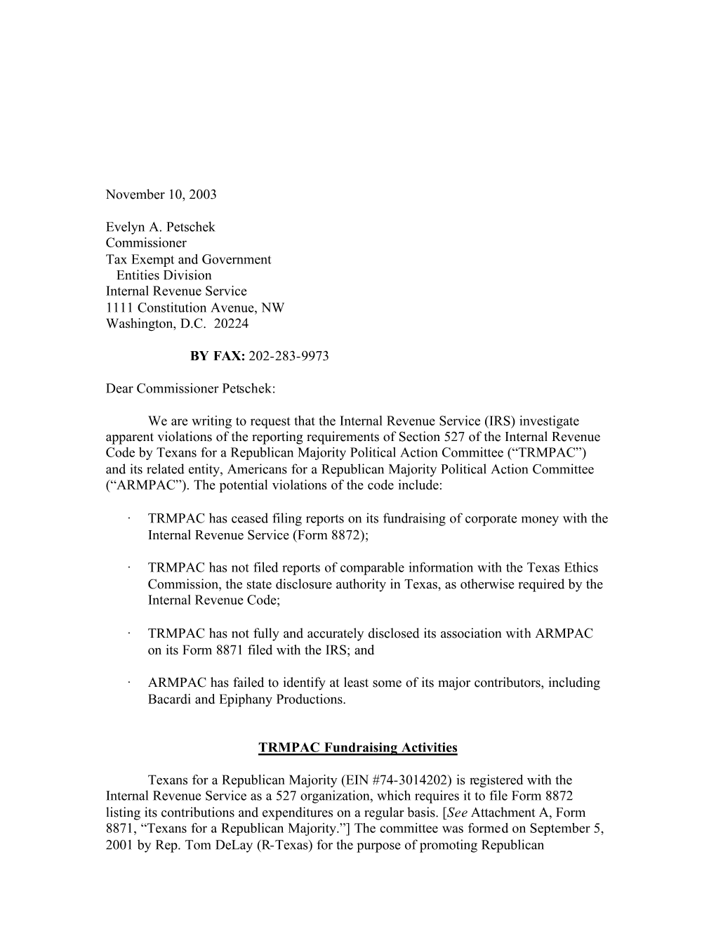 November 10, 2003 Evelyn A. Petschek Commissioner Tax