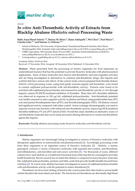 In Vitro Anti-Thrombotic Activity of Extracts from Blacklip Abalone (Haliotis Rubra) Processing Waste