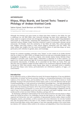 Khipus, Khipu Boards, and Sacred Texts: Toward a Philology of Andean Knotted Cords