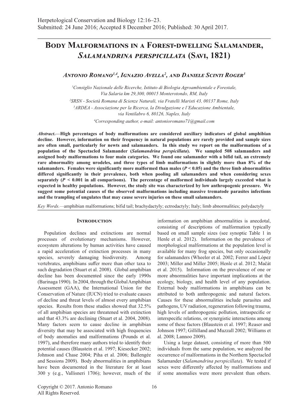 Body Malformations in a Forest-Dwelling Salamander, Salamandrina Perspicillata (Savi, 1821)