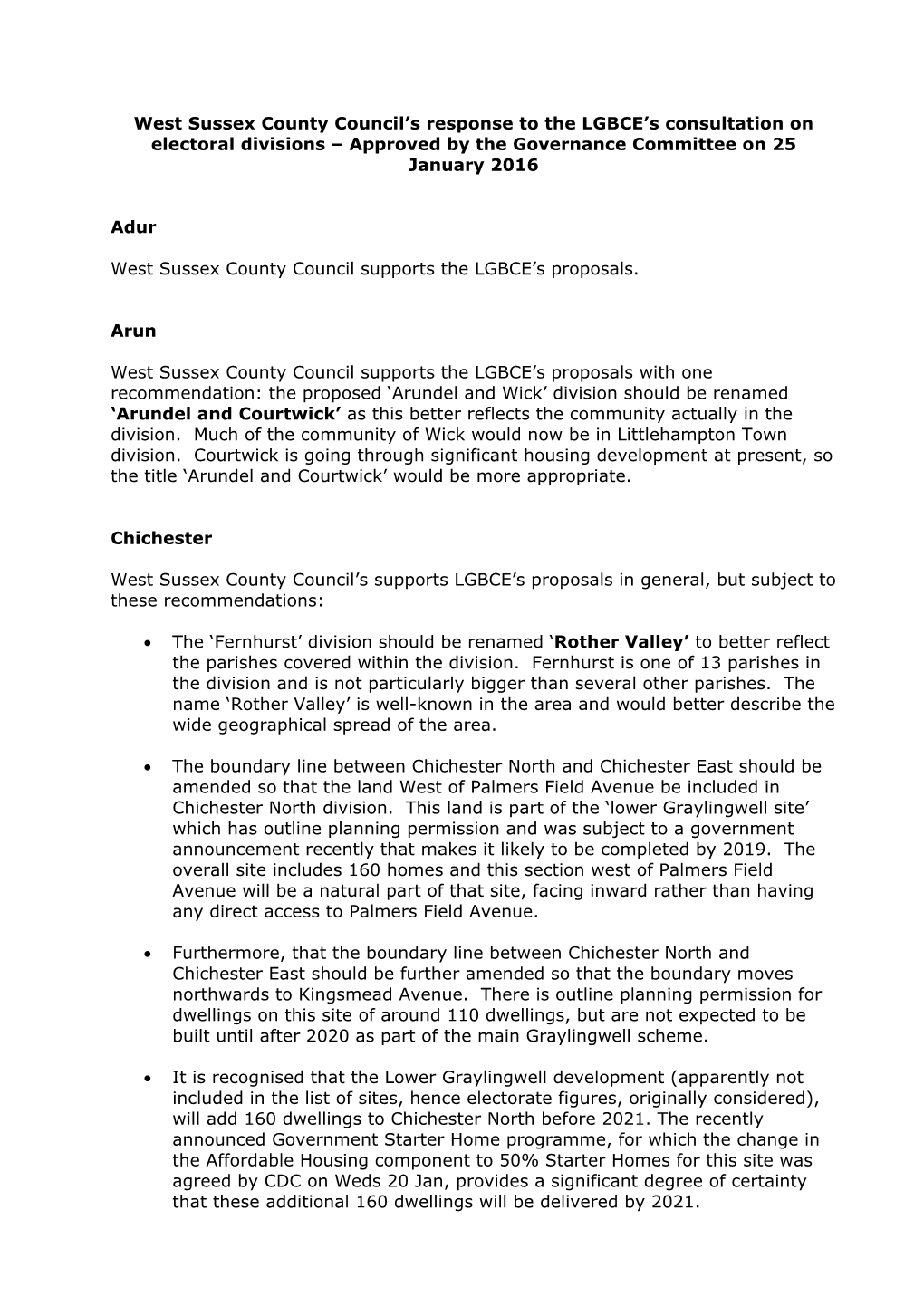 West Sussex County Council’S Response to the LGBCE’S Consultation on Electoral Divisions – Approved by the Governance Committee on 25 January 2016