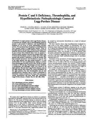 Protein C and S Deficiency, Thrombophilia, and Hypofibrinolysis: Pathophysiologic Causes of Legg-Perthes Disease