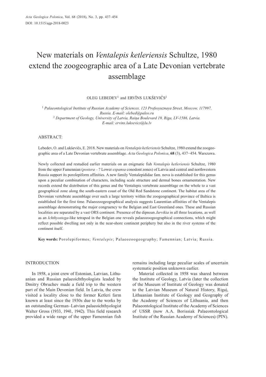 New Materials on Ventalepis Ketleriensis Schultze, 1980 Extend the Zoogeographic Area of a Late Devonian Vertebrate Assemblage