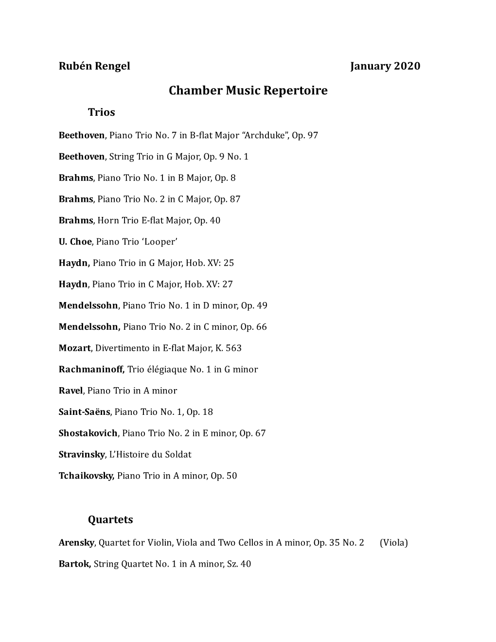 Chamber Music Repertoire Trios