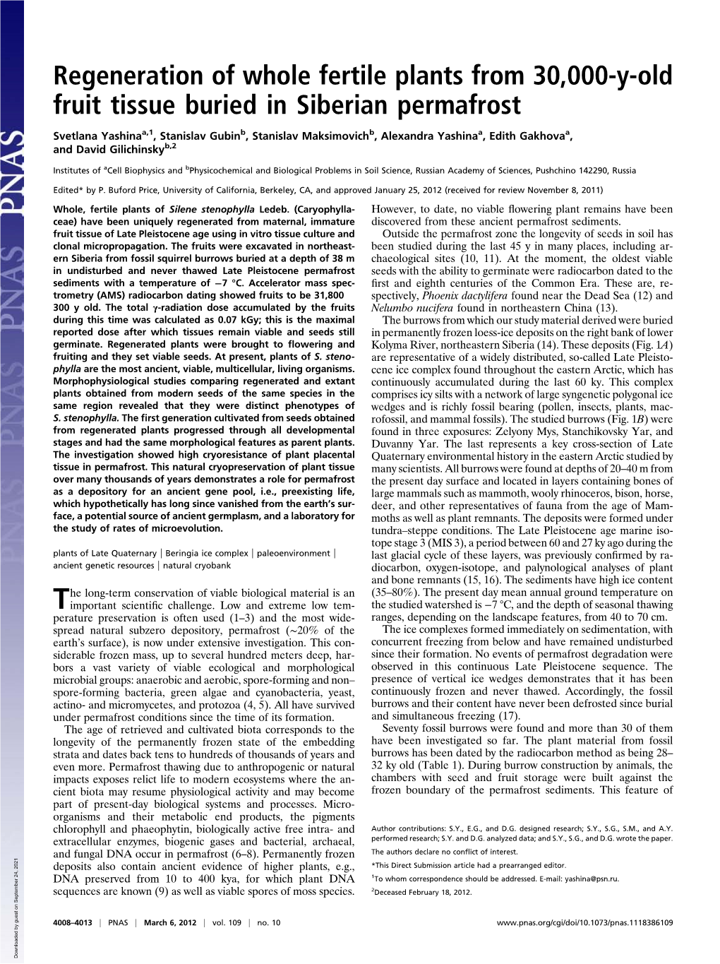 Regeneration of Whole Fertile Plants from 30,000-Y-Old Fruit Tissue Buried in Siberian Permafrost