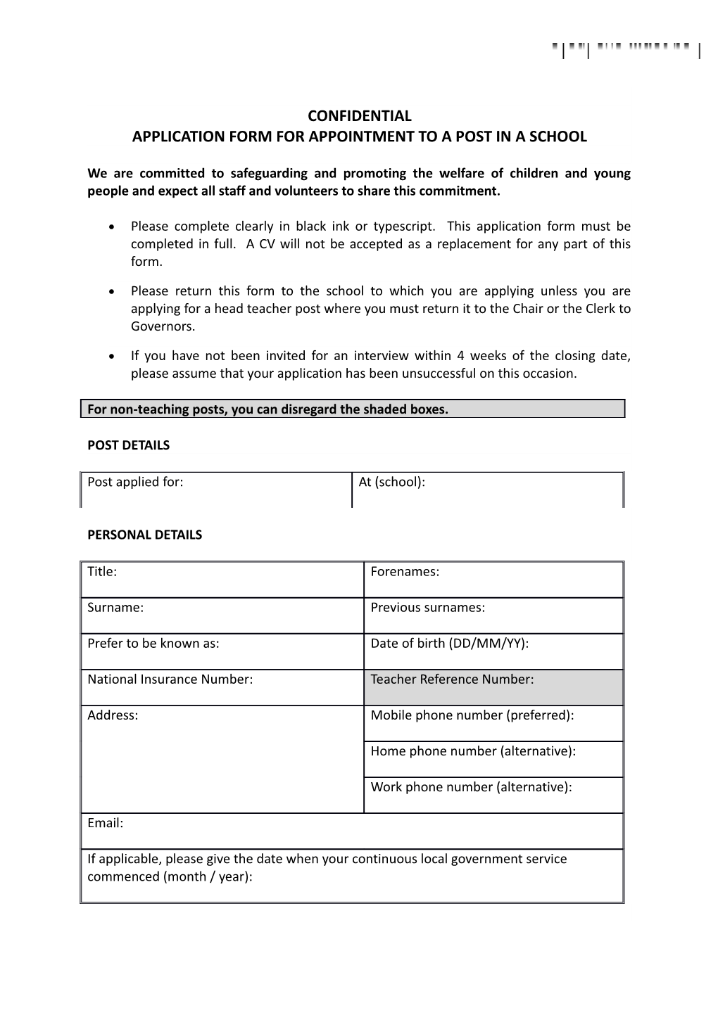 Application Form for Appointment to a Post in a School