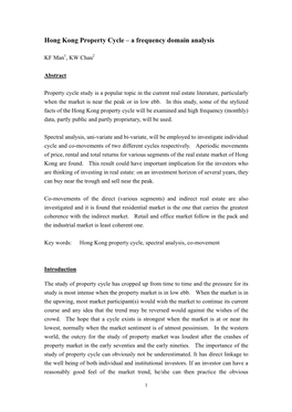 Hong Kong Property Cycle – a Frequency Domain Analysis