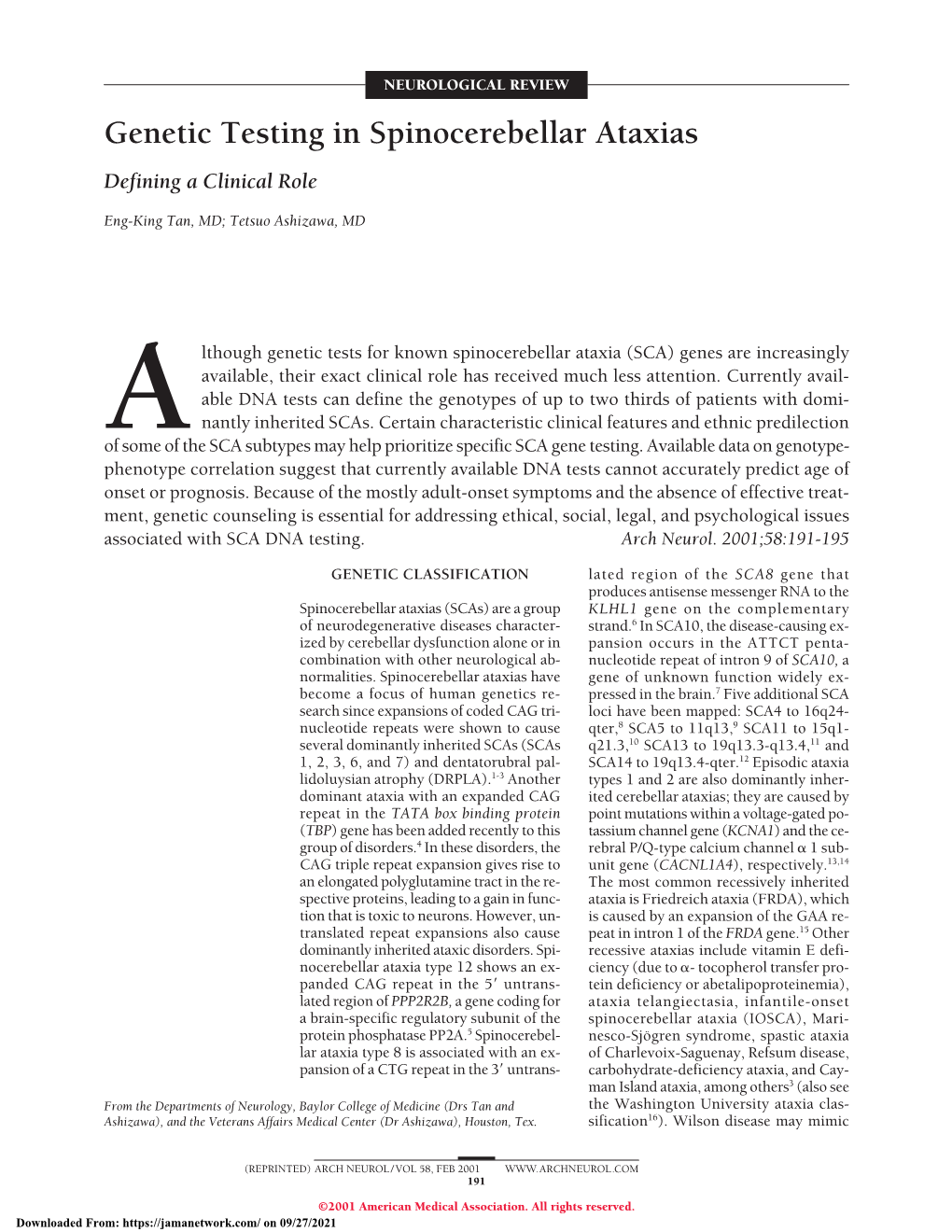 Genetic Testing in Spinocerebellar Ataxias Defining a Clinical Role