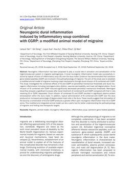 Original Article Neurogenic Dural Inflammation Induced by Inflammatory Soup Combined with CGRP: a Modified Animal Model of Migraine
