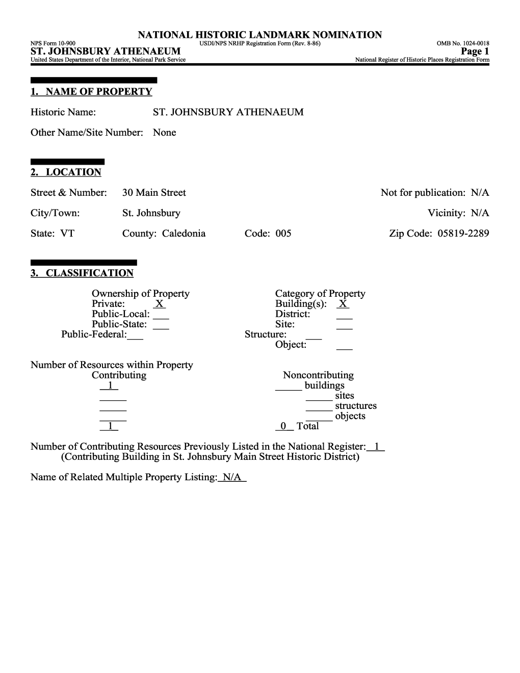 ST. JOHNSBURY ATHENAEUM Page 1 United States Department of the Interior, National Park Service______National Register of Historic Places Registration Form