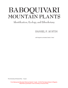 BABOQUIVARI MOUNTAIN PLANTS Identiﬁ Cation, Ecology, and Ethnobotany