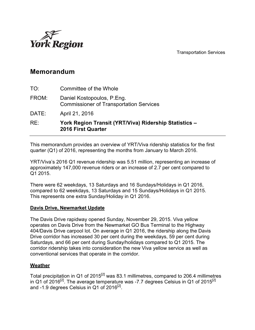 York Region Transit (YRT/Viva) Ridership Statistics – 2016 First Quarter