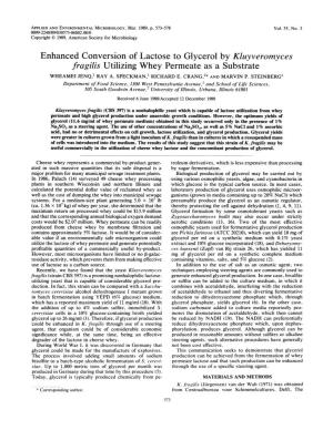 Enhanced Conversion Oflactose to Glycerol by Kluyveromyces Fragilis