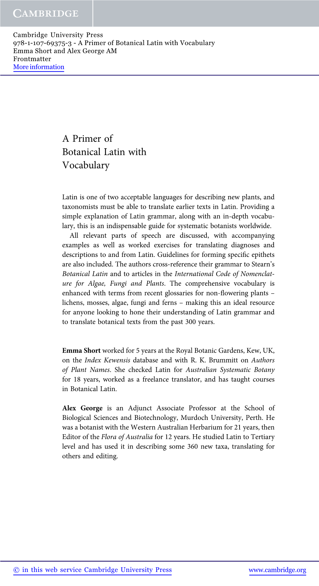 A Primer of Botanical Latin with Vocabulary Emma Short and Alex George AM Frontmatter More Information