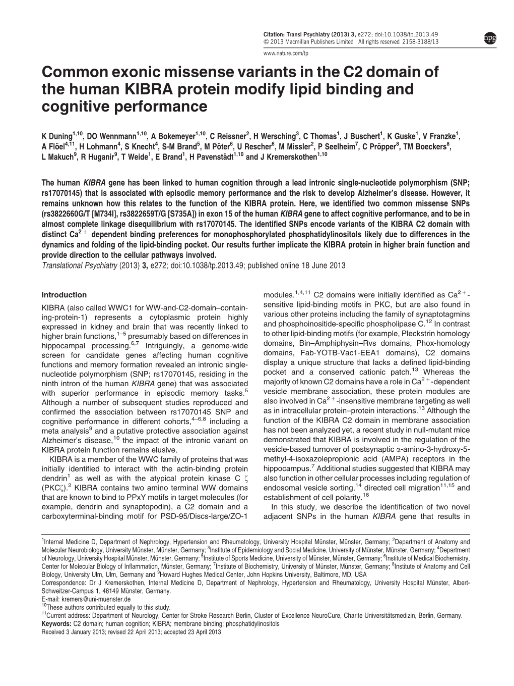 Common Exonic Missense Variants in the C2 Domain of the Human KIBRA Protein Modify Lipid Binding and Cognitive Performance