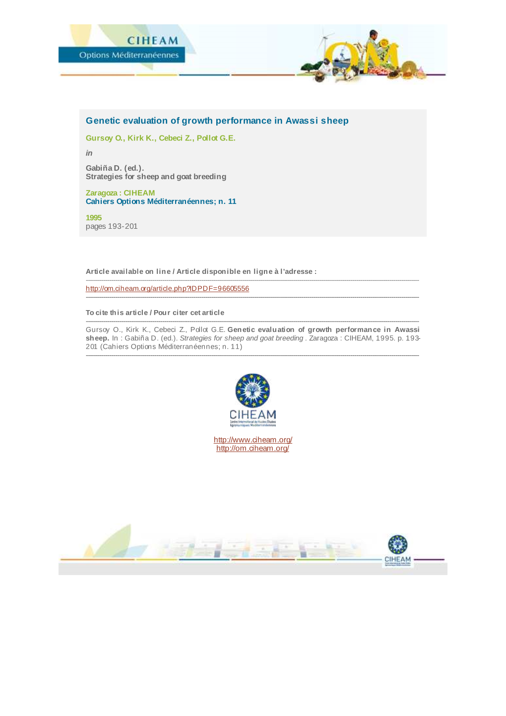 Genetic Evaluation of Growth Performance in Awassi Sheep