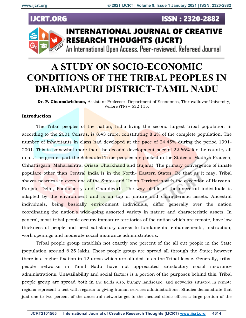 A Study on Socio-Economic Conditions of the Tribal Peoples in Dharmapuri District-Tamil Nadu