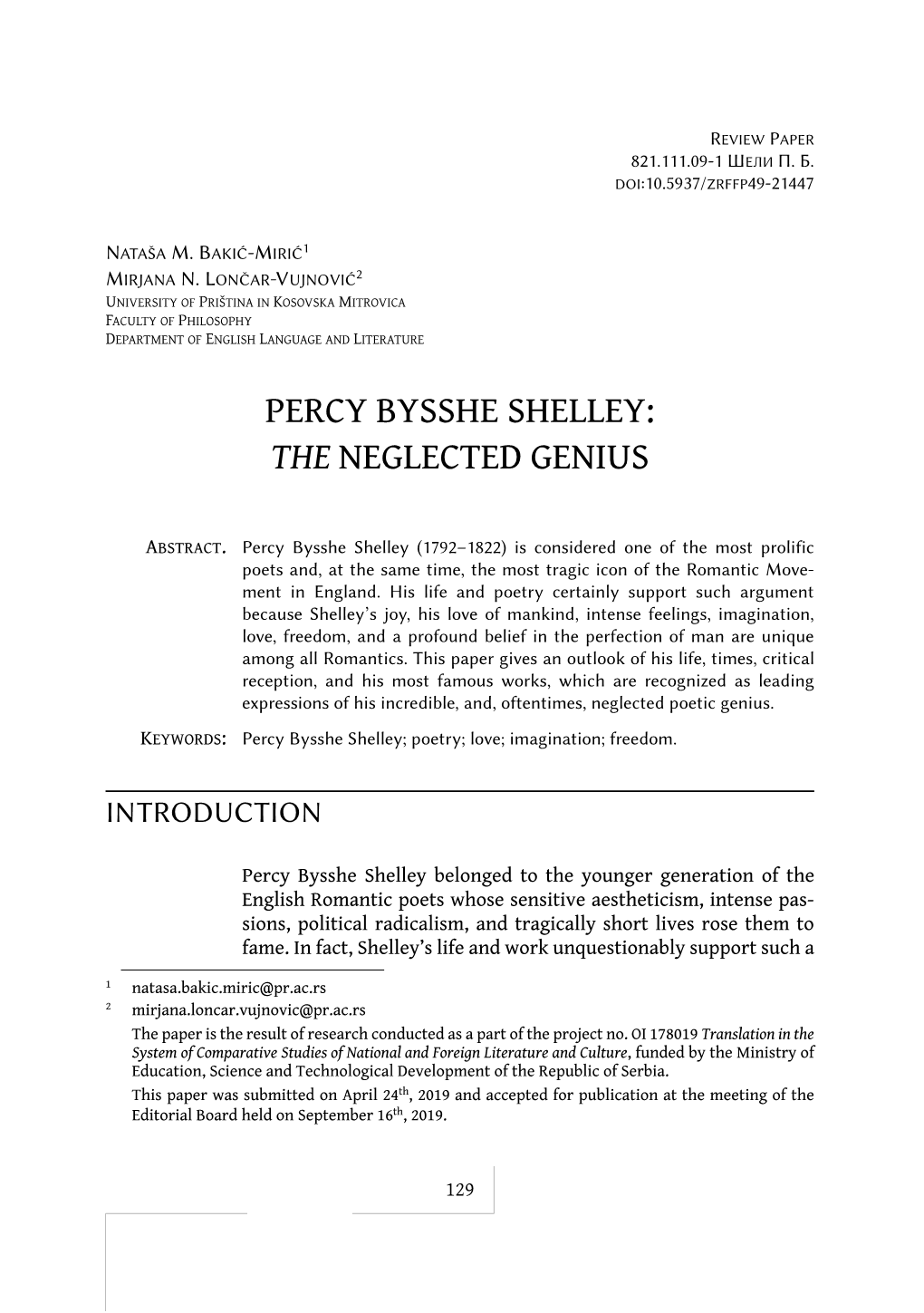 Percy Bysshe Shelley: the Neglected Genius