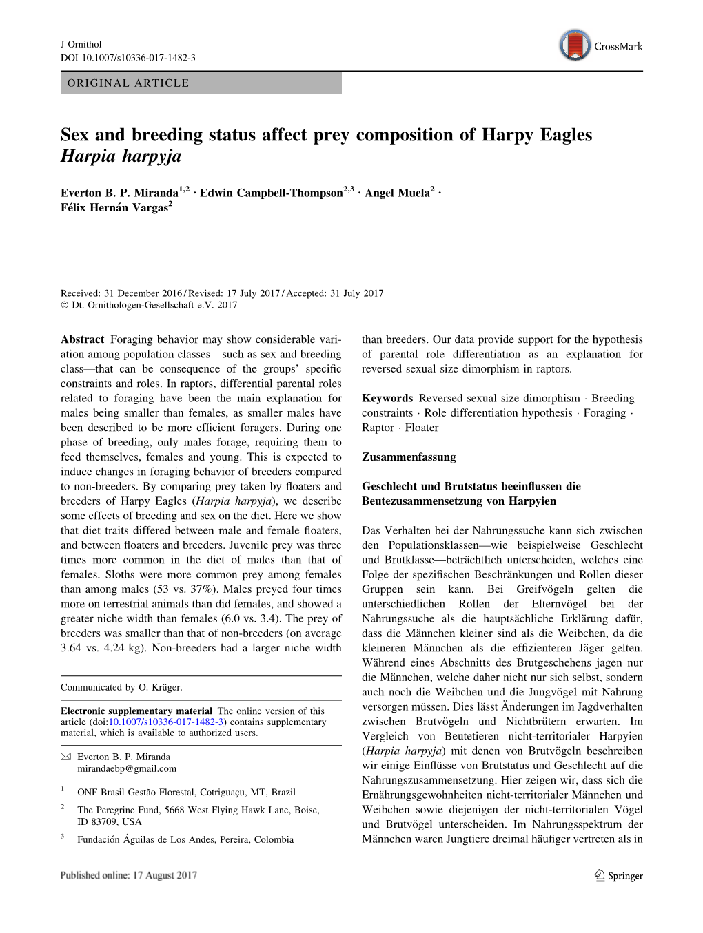 Sex and Breeding Status Affect Prey Composition of Harpy Eagles Harpia Harpyja