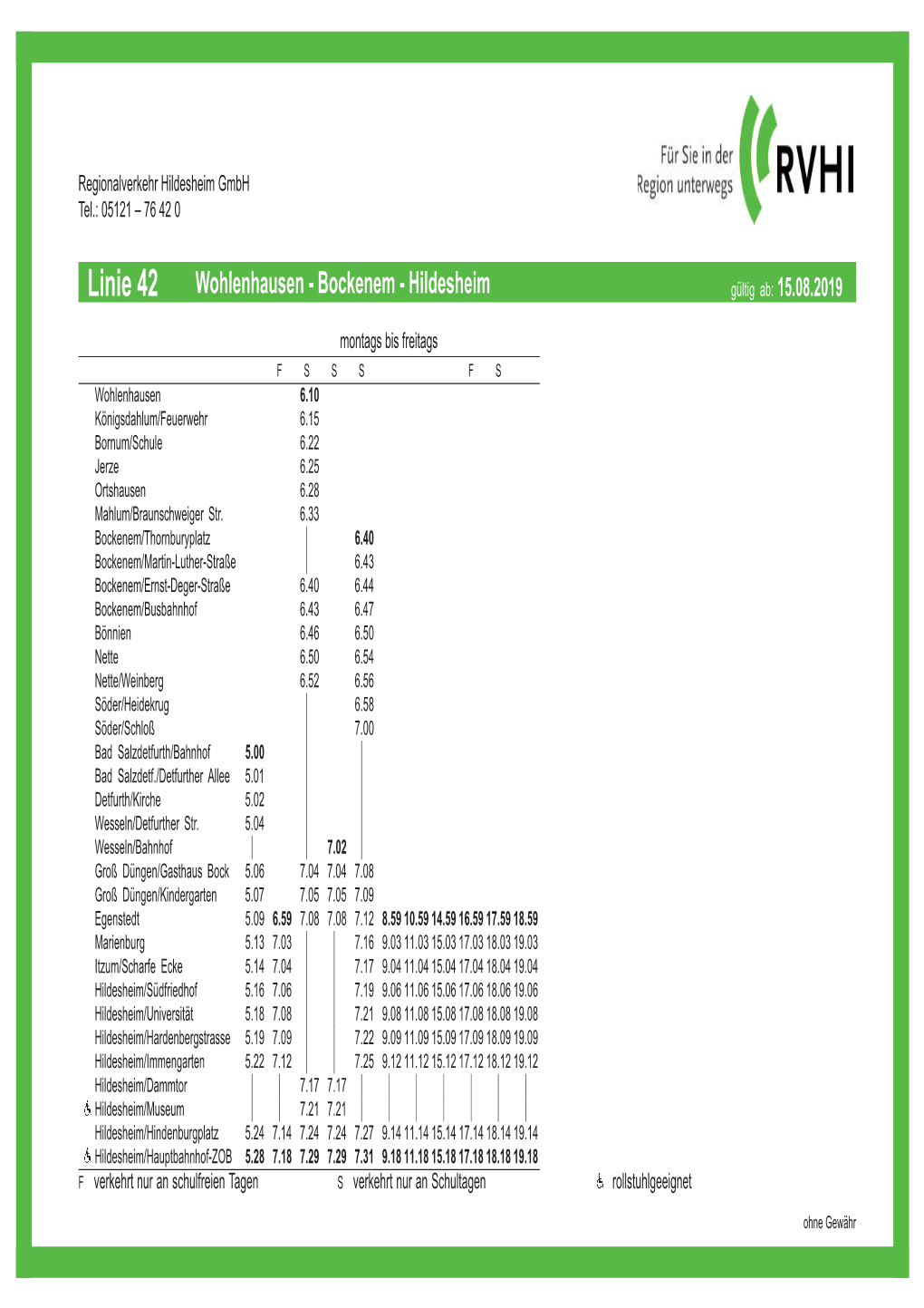 Linie 42 Wohlenhausen - Bockenem - Hildesheim Gu¨Ltig Ab: 15.08.2019