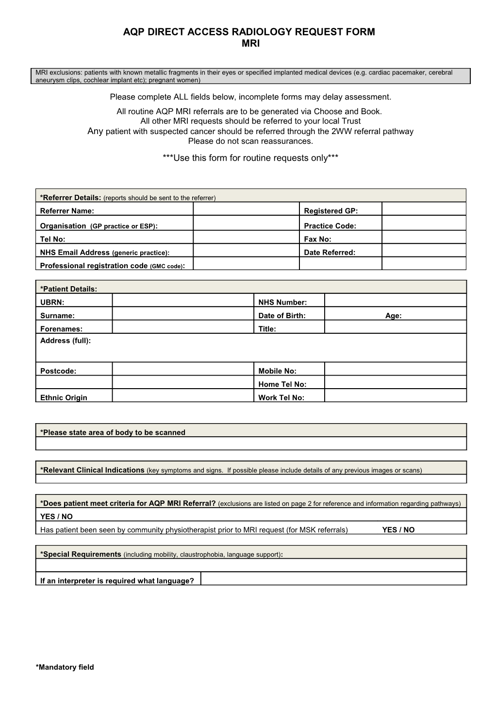 Aqp Direct Access Radiology Request Form