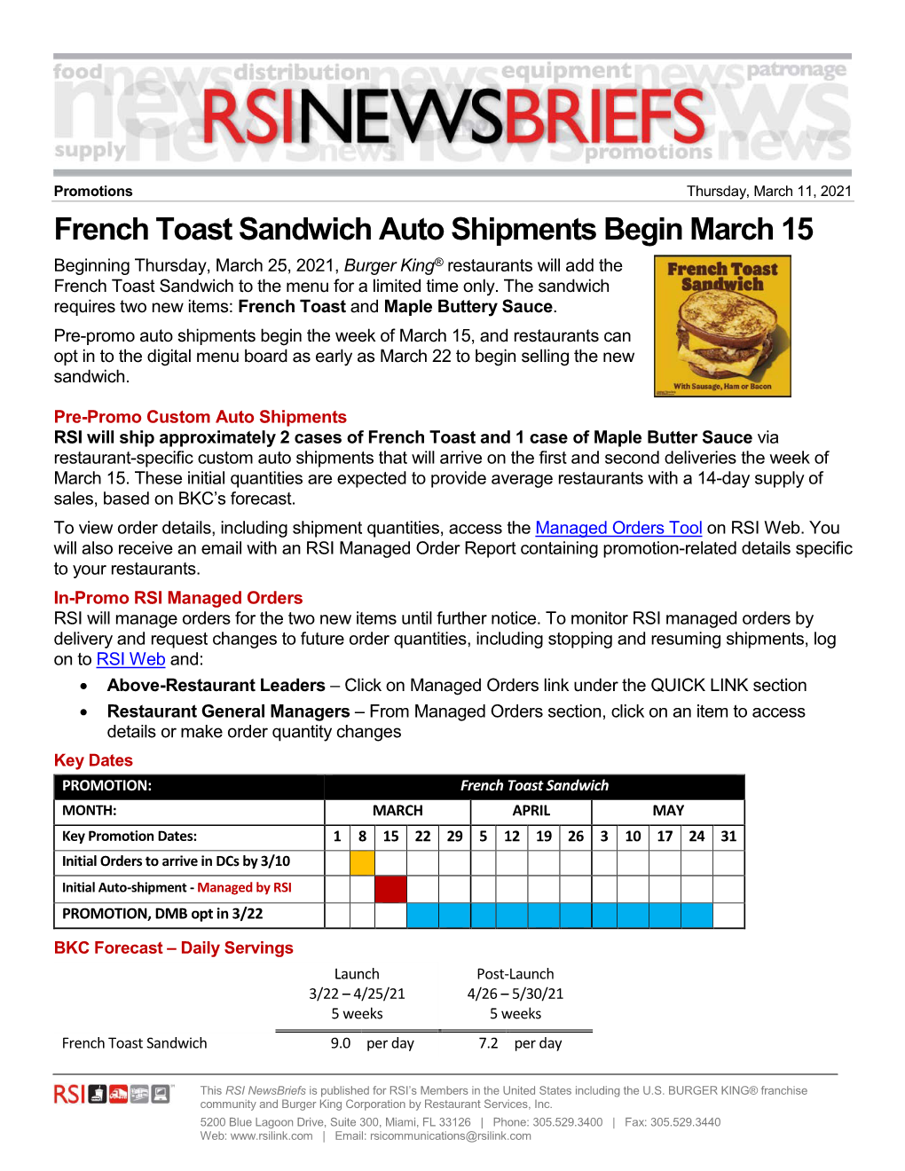 French Toast Sandwich Auto Shipments Begin March 15