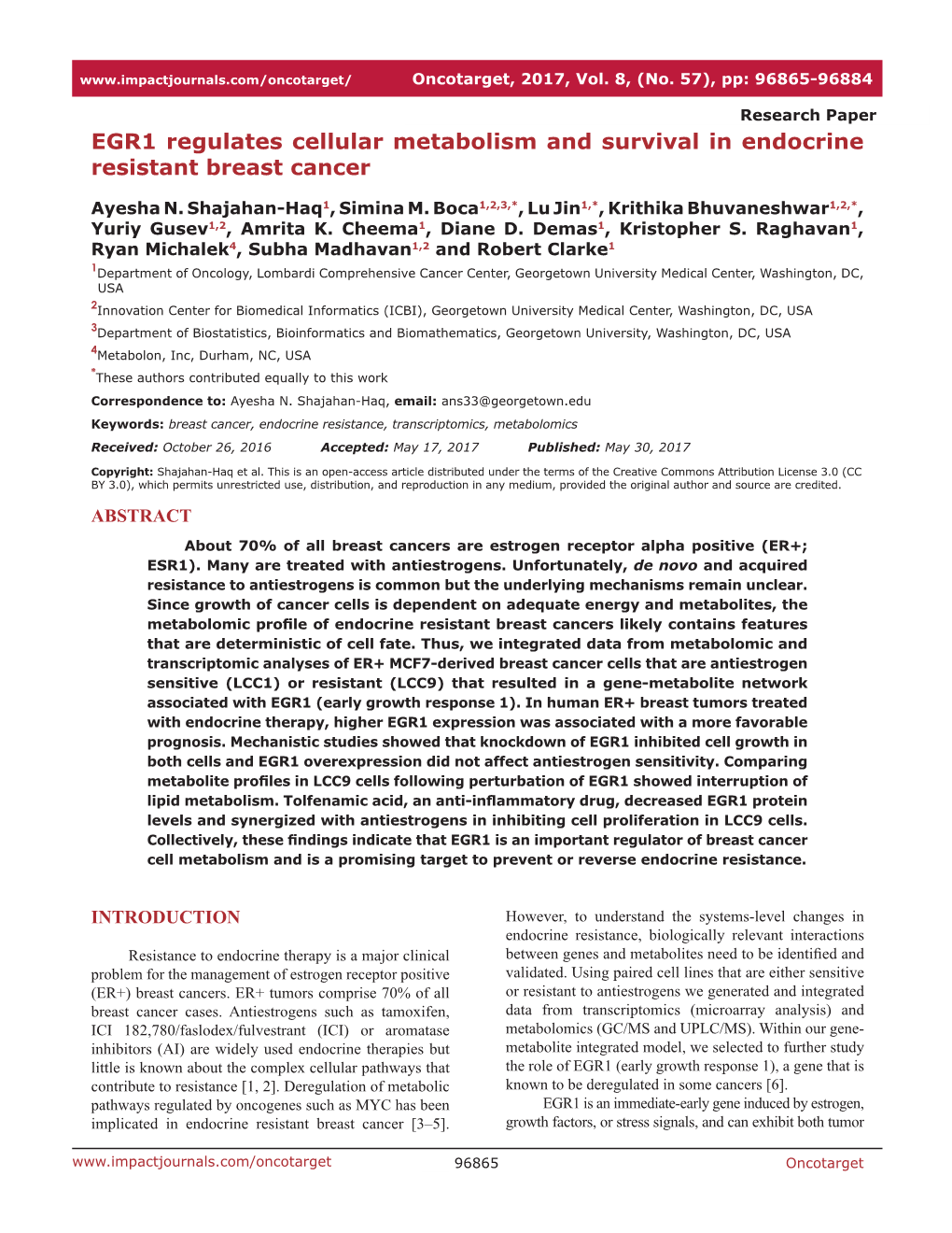 EGR1 Regulates Cellular Metabolism and Survival in Endocrine Resistant Breast Cancer