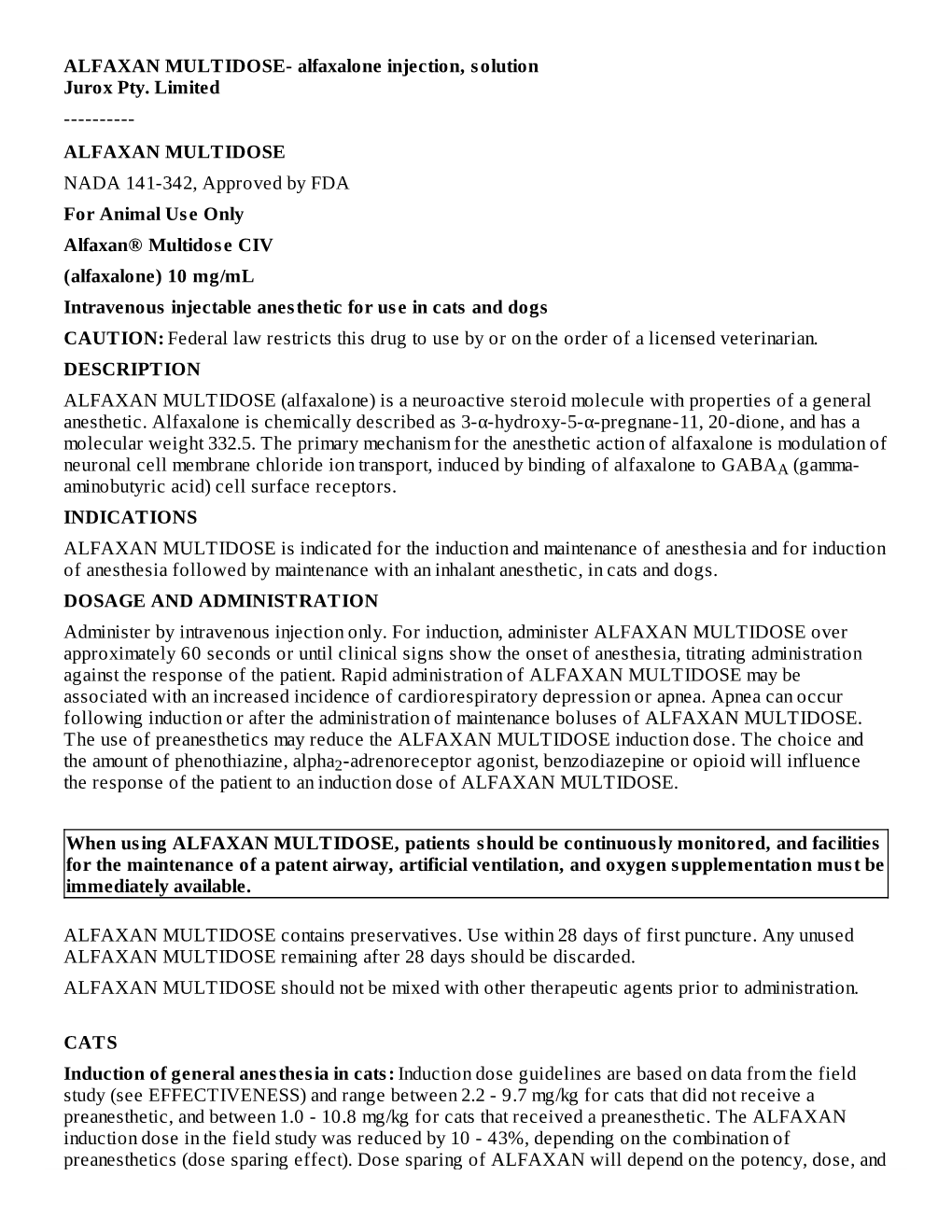 ALFAXAN MULTIDOSE- Alfaxalone Injection, Solution Jurox Pty