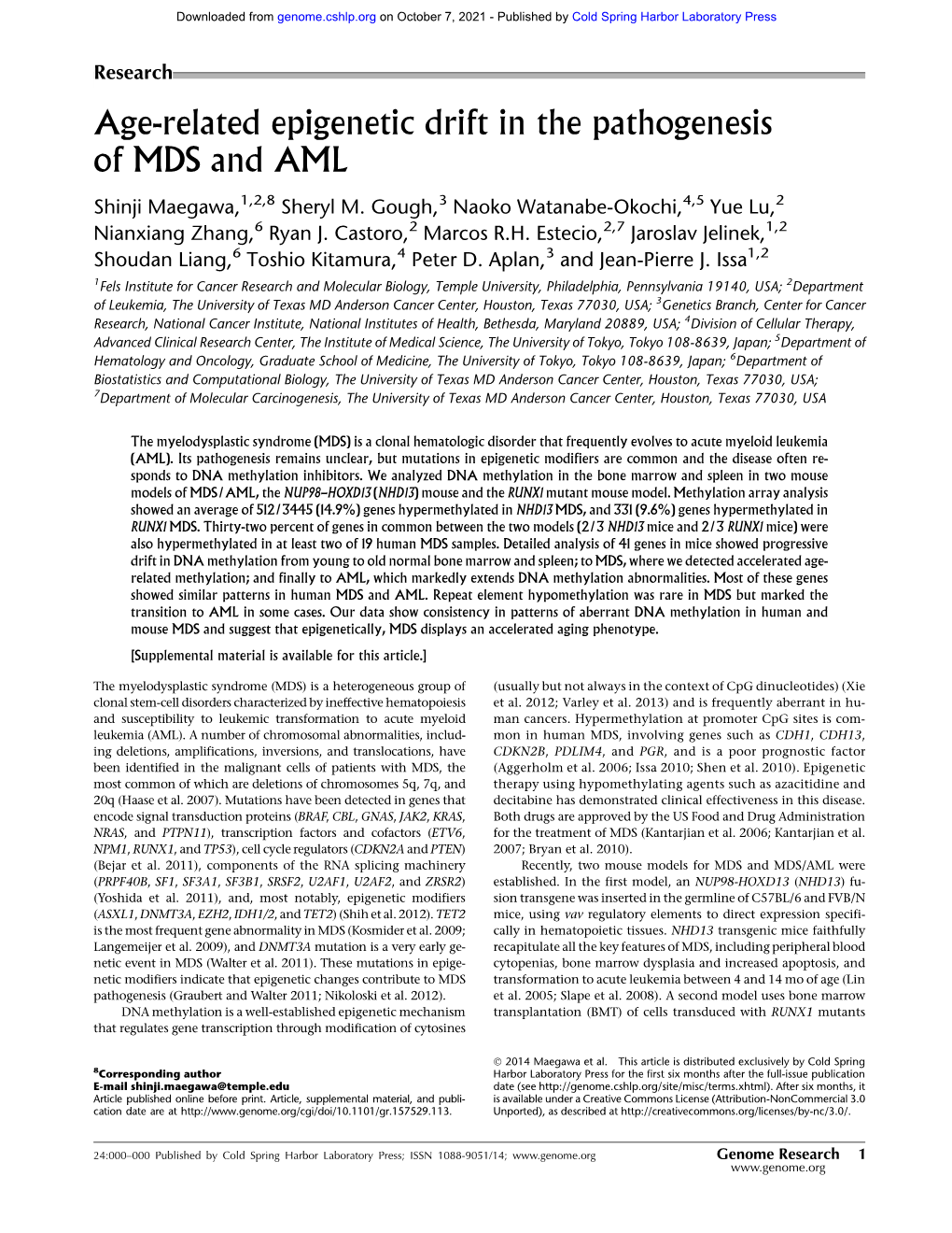 Age-Related Epigenetic Drift in the Pathogenesis of MDS and AML