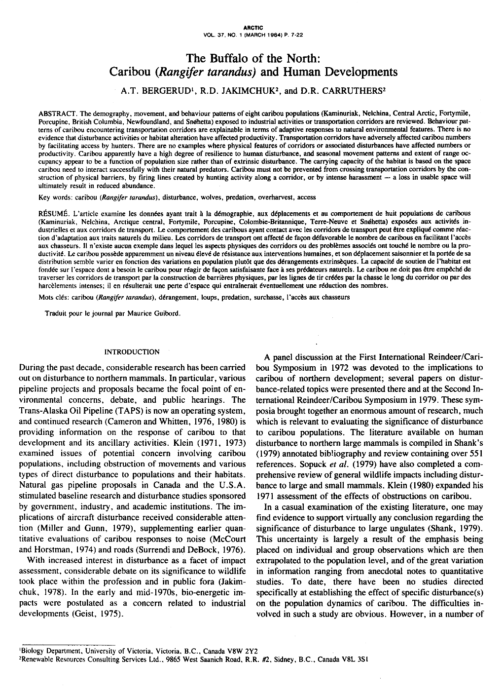 Caribou (Rangijèr Tarandus) and Human Developments A.T