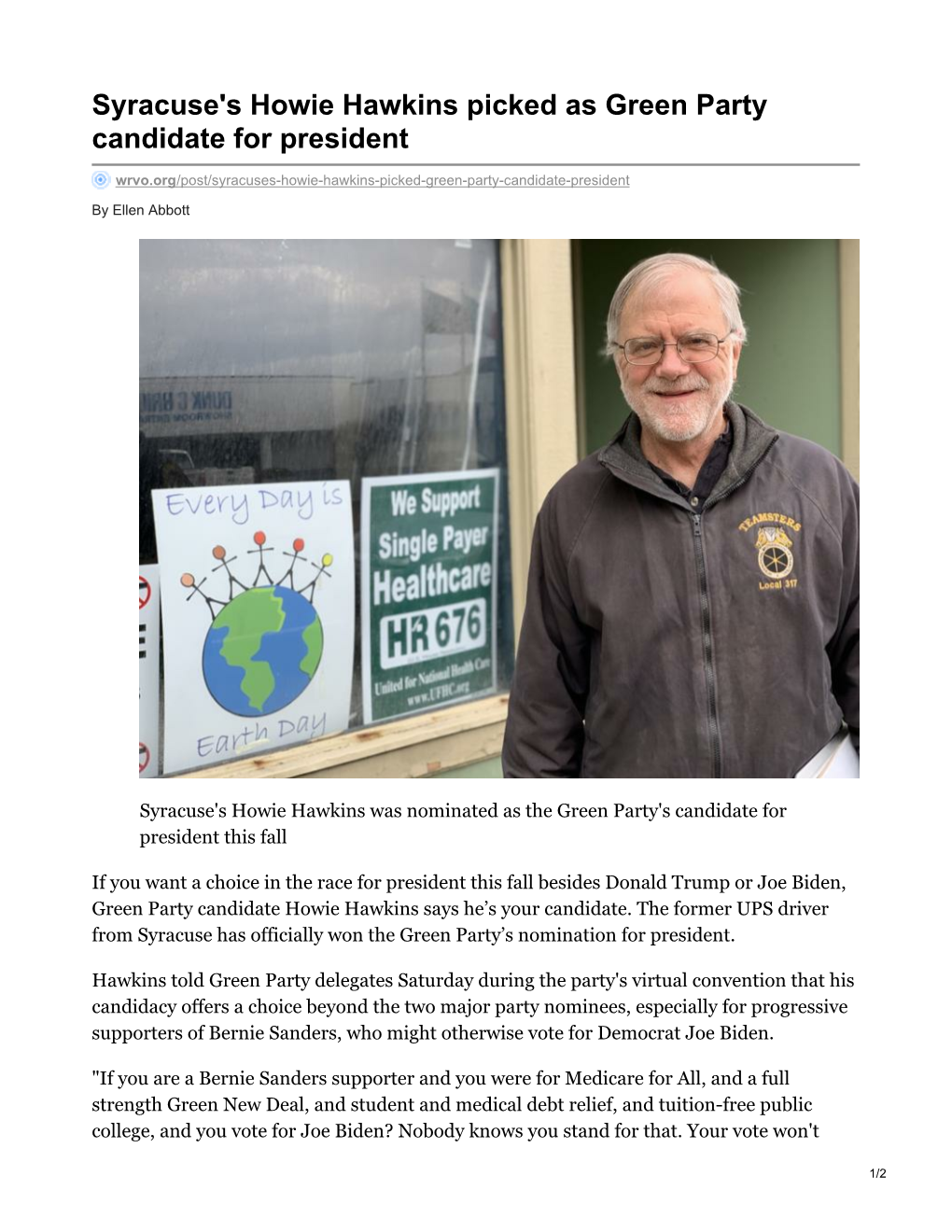 Syracuse's Howie Hawkins Picked As Green Party Candidate for President