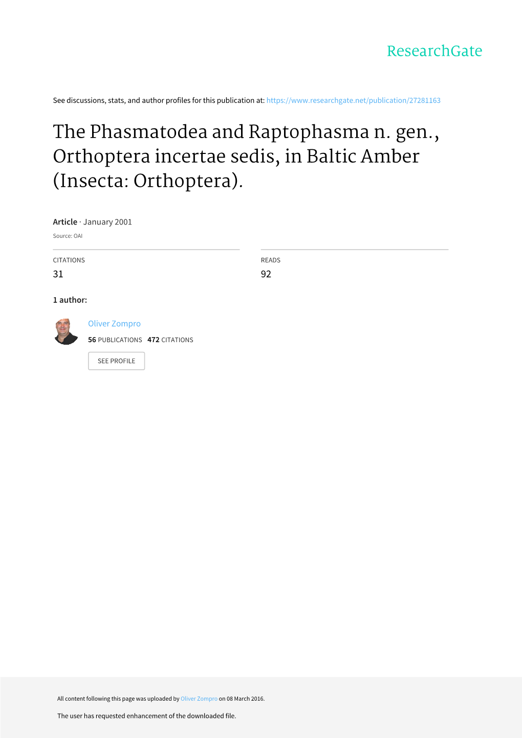 The Phasmatodea and Raptophasma N. Gen., Orthoptera Incertae Sedis, in Baltic Amber (Insecta: Orthoptera)