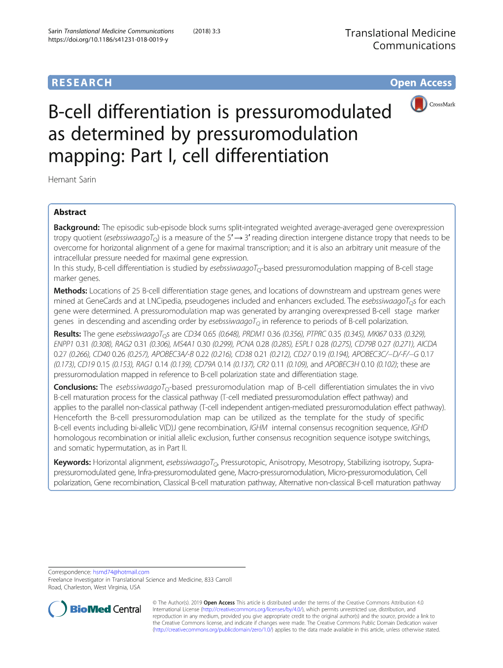 B-Cell Differentiation Is Pressuromodulated As Determined by Pressuromodulation Mapping: Part I, Cell Differentiation Hemant Sarin