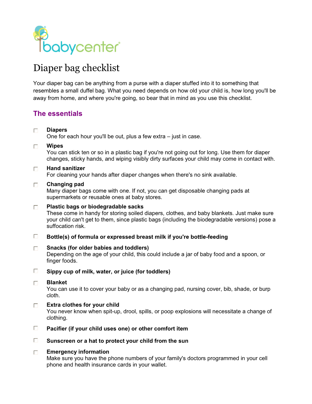 Diaper Bag Checklist