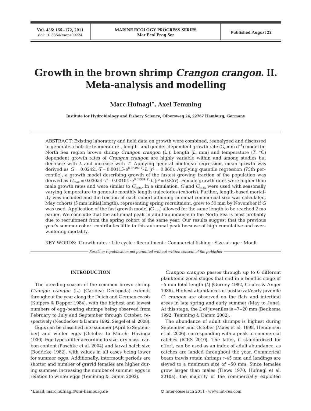 Growth in the Brown Shrimp Crangon Crangon. II. Meta-Analysis and Modelling