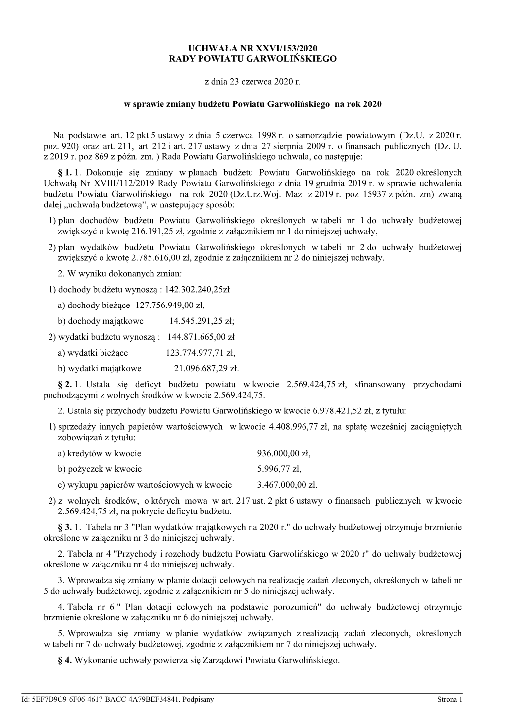 Uchwała Nr XXVI/153/2020 Rady Powiatu Garwolińskiego Z Dnia 23 Czerwca 2020 R. W Sprawie