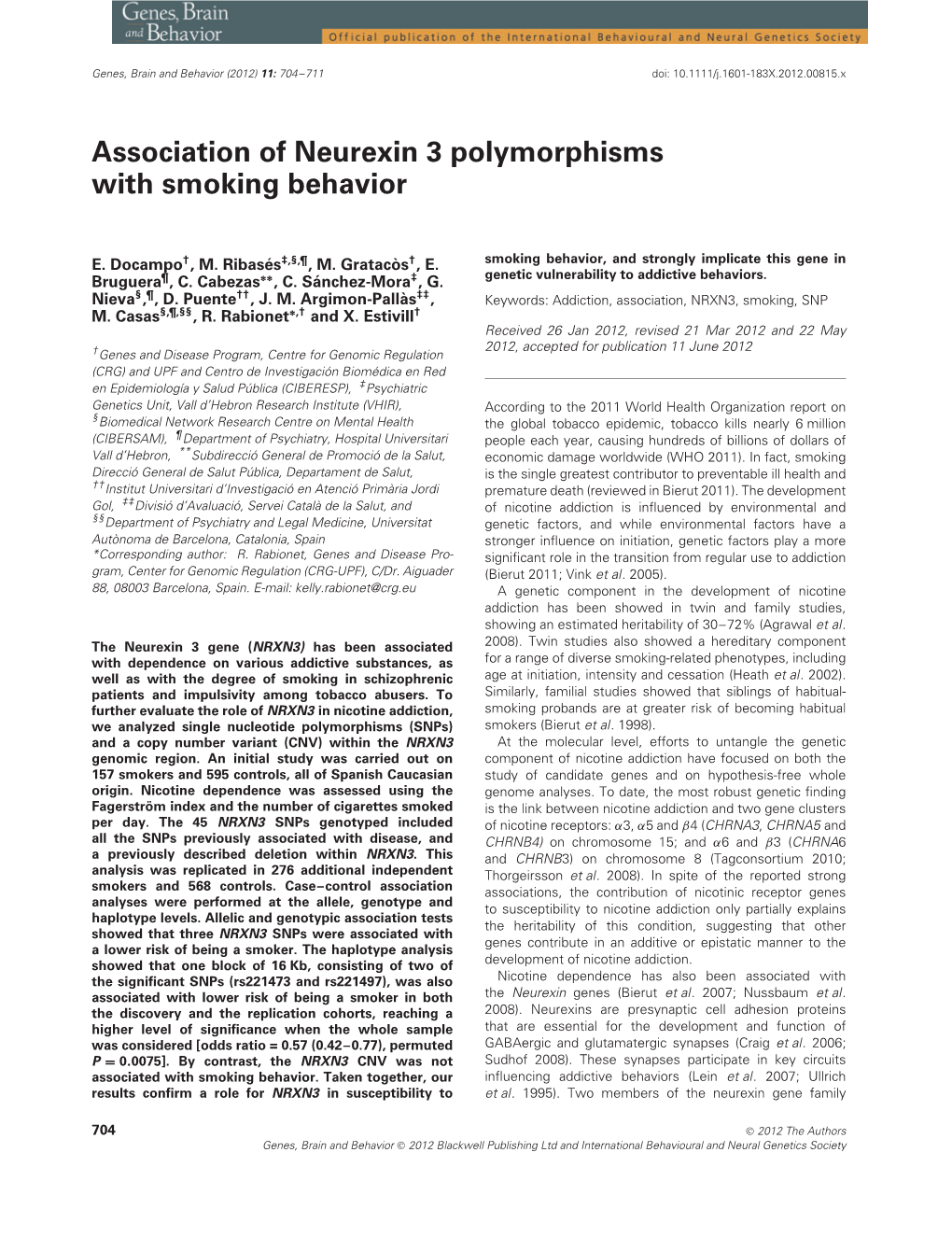 Association of Neurexin 3 Polymorphisms with Smoking Behavior