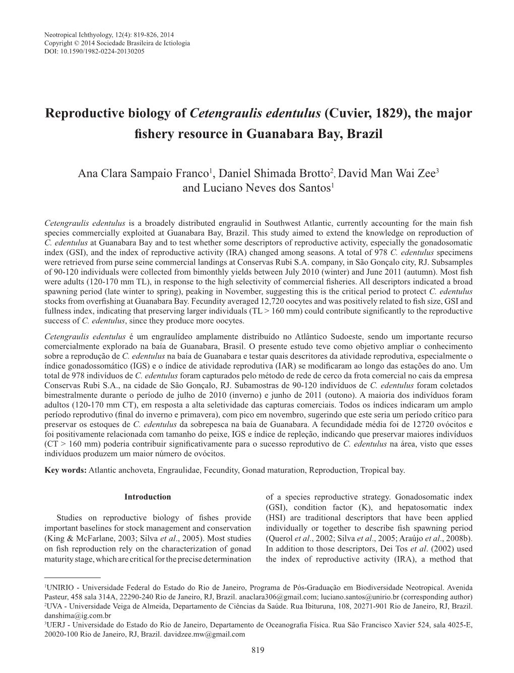 Reproductive Biology of Cetengraulis Edentulus (Cuvier, 1829), the Major Fishery Resource in Guanabara Bay, Brazil