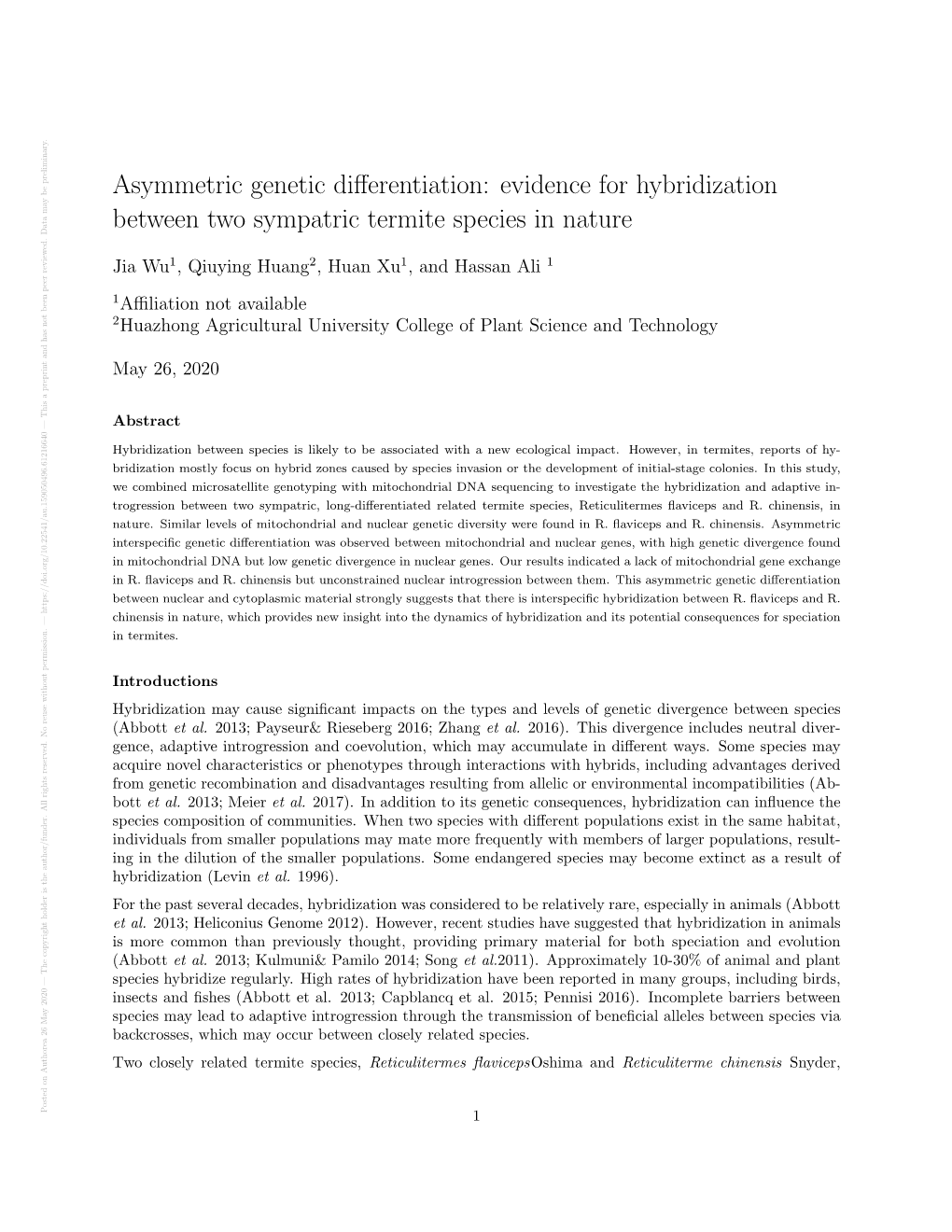 Evidence for Hybridization Between Two Sympatric Termite