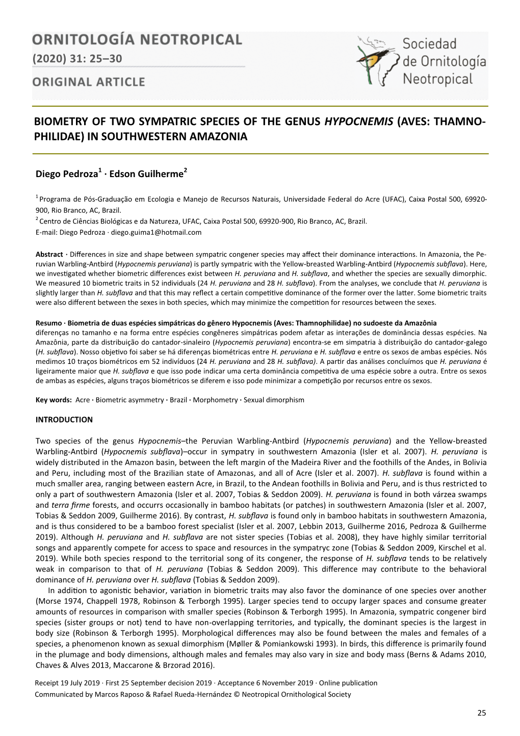 (2020) 31: 25–30 Biometry of Two Sympatric