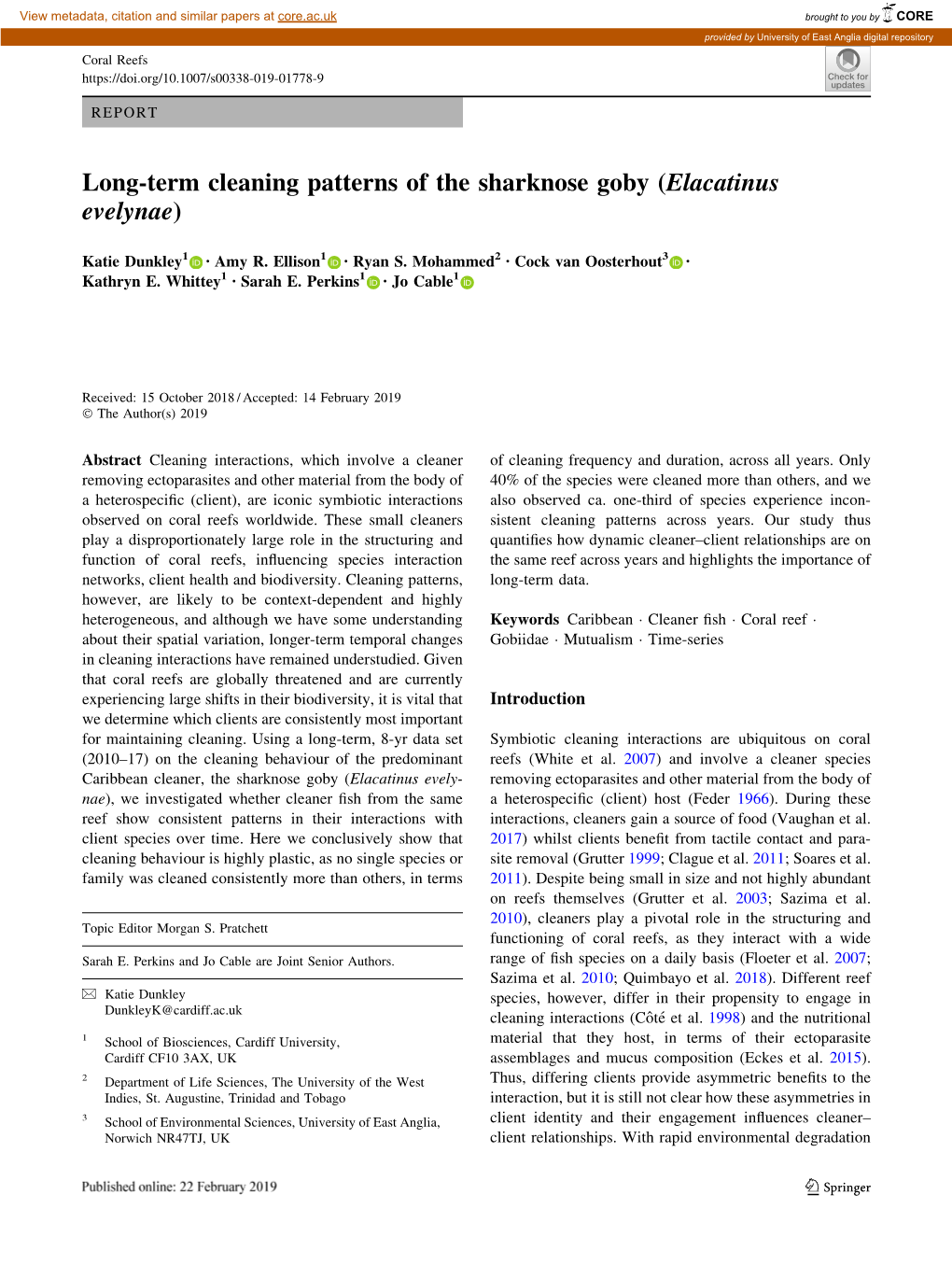 Long-Term Cleaning Patterns of the Sharknose Goby (Elacatinus Evelynae)