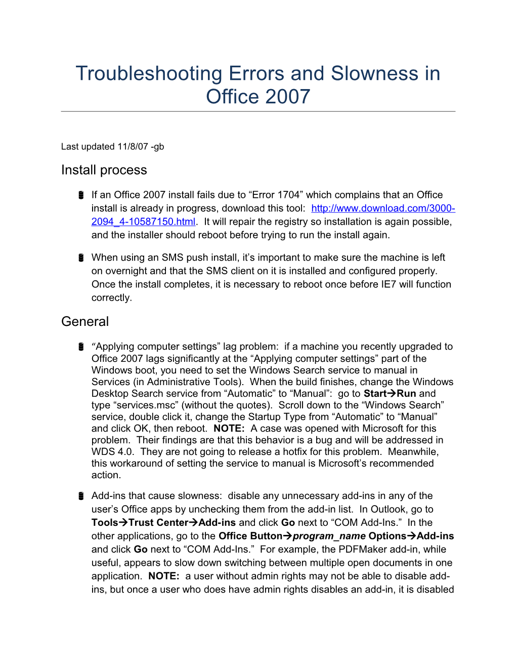 Troubleshooting Errors and Slowness in Office 2007