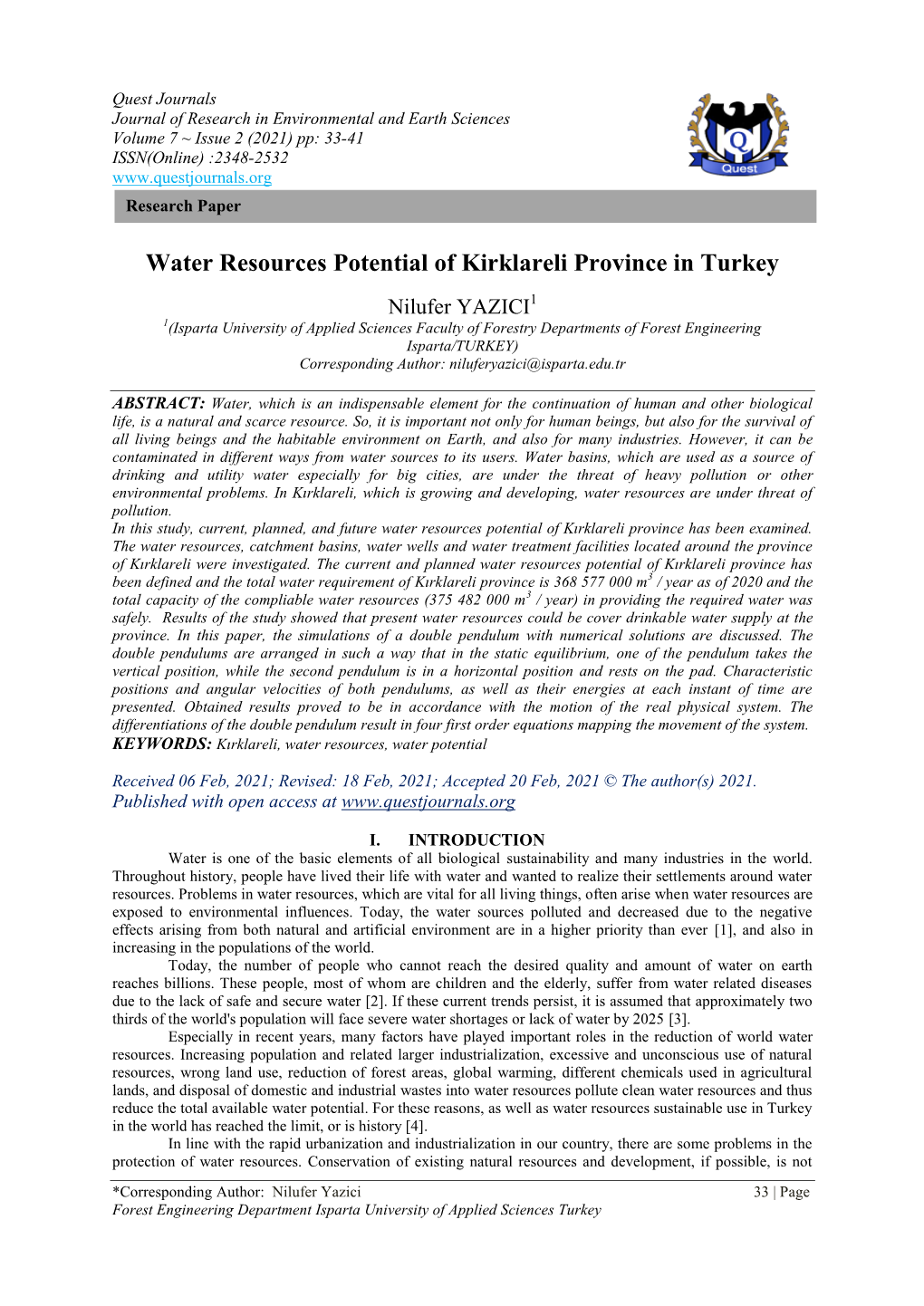 Water Resources Potential of Kirklareli Province in Turkey